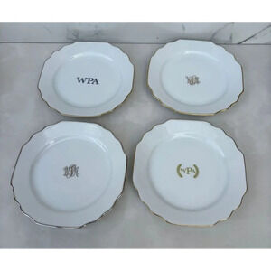 Vintage Pickard Four Monogram Dessert Plates White Gold Trim Collectibles 6.5x7